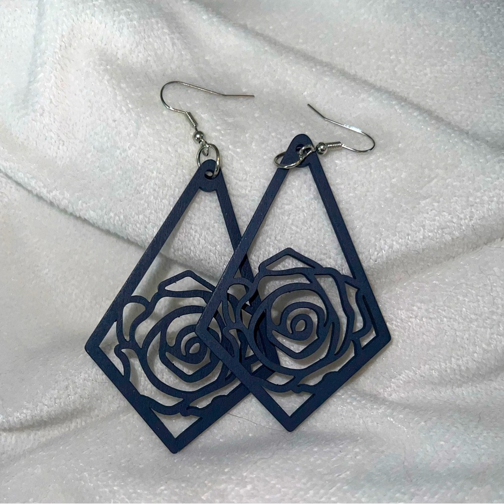 2.75” Blue Wood Diecut Earrings with Rose Design
